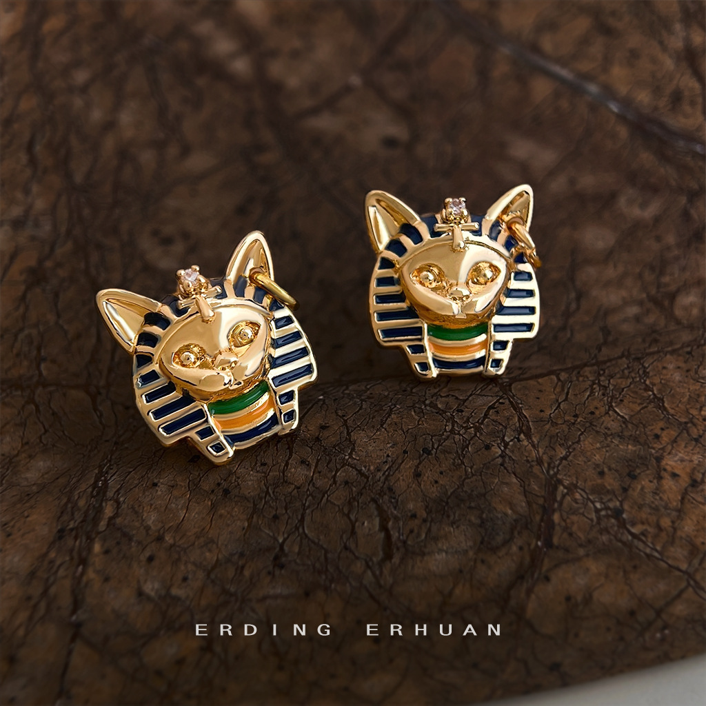 Pendientes de para mujer con diseño original vintage de cabeza de faraón egipcio de gato, bañados en plata con esmalte gota y esmalte pintado, y baño de oro de 14K.